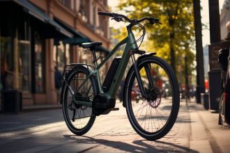 Vélo électrique haute vitesse sur une route urbaine animée