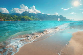 Plage de Racou avec montagnes en arrière-plan et maisons colorées