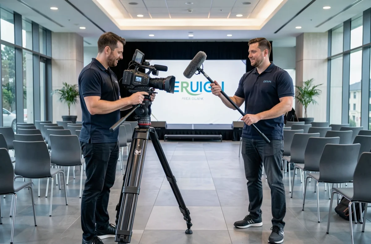 Équipe de production vidéo événementielle avec caméra cinéma et micro perche dans une salle de conférence moderne des Alpes-Maritimes