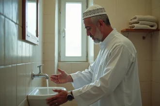 Homme en tenue traditionnelle effectuant les ablutions avant la prière dans une mosquée d'Argenteuil