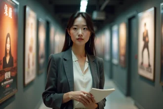 Actrice asiatique en blazer gris tenant un scénario dans un couloir de studio de cinéma
