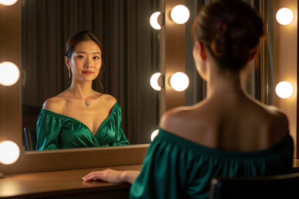 Actrice sud-asiatique assise devant un miroir de loge hollywoodienne en robe émeraude