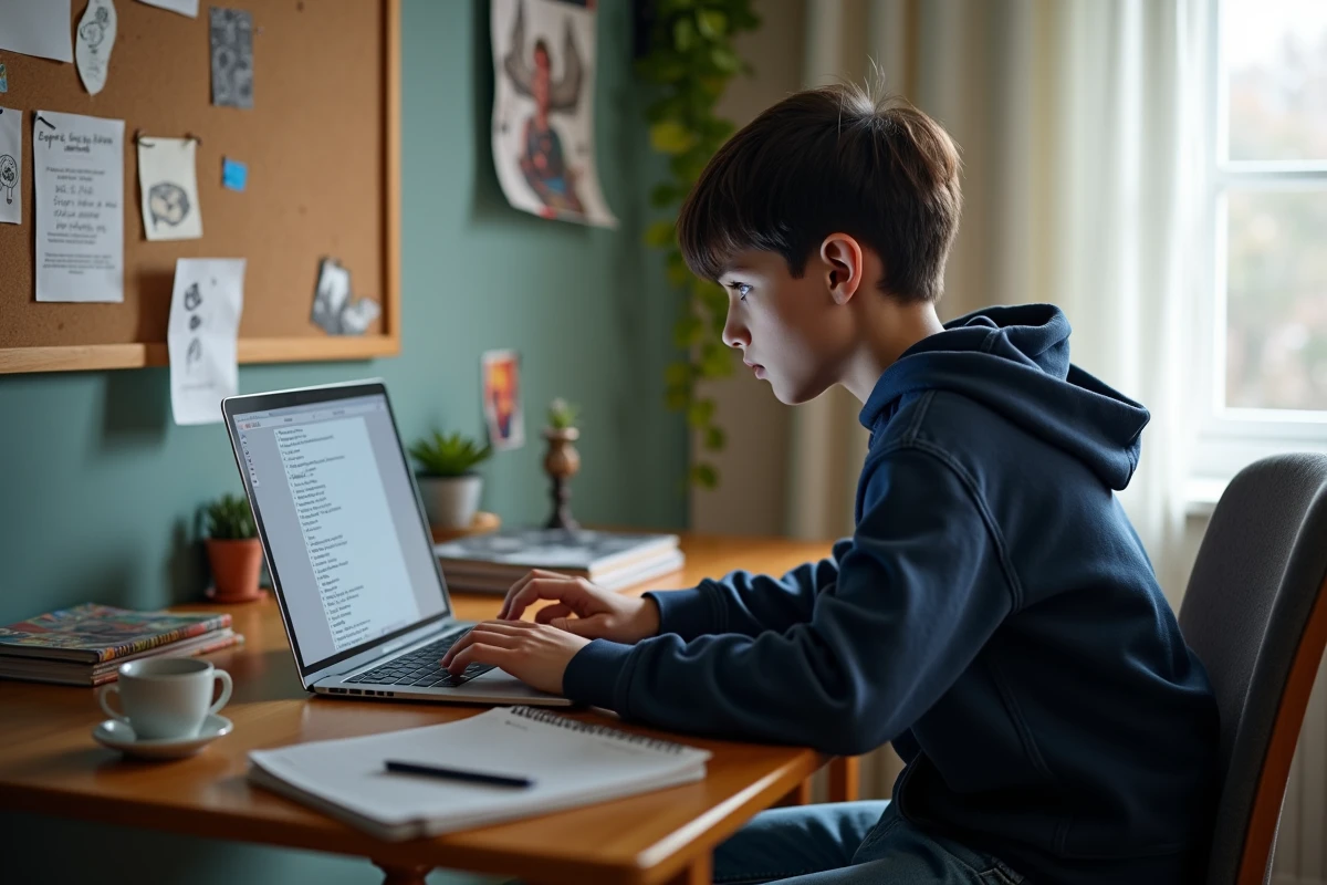 Adolescent concentré sur son ordinateur dans sa chambre