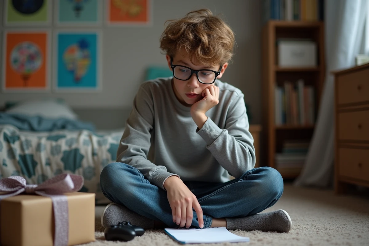 Adolescent avec cadeau et carnet dans sa chambre