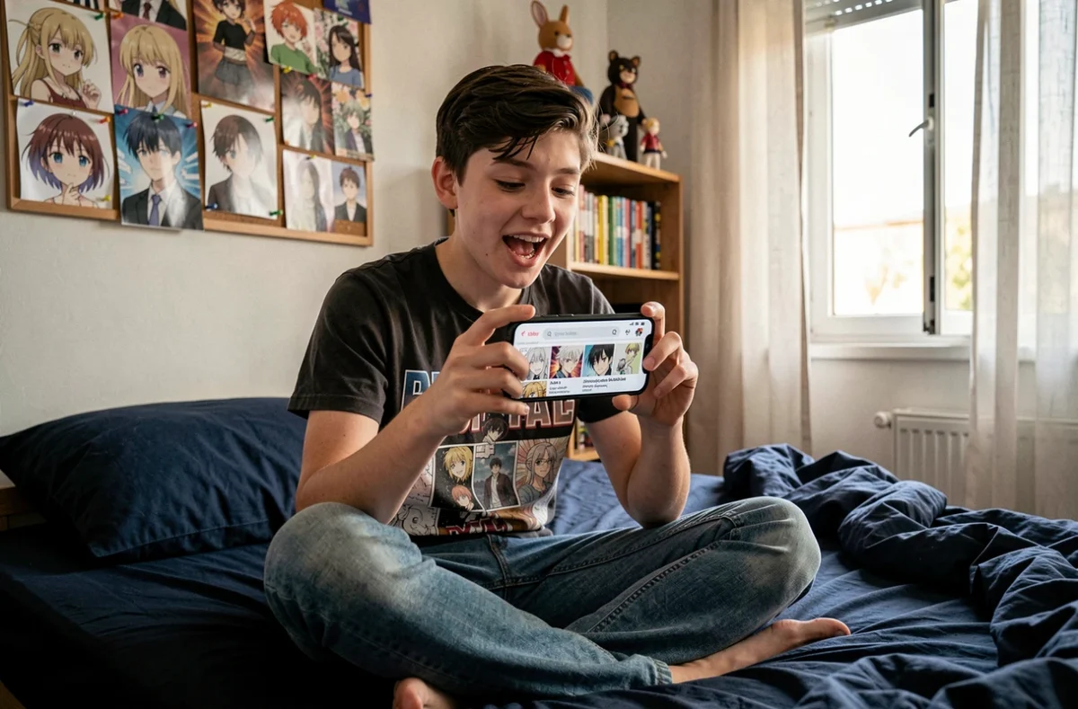 Adolescent lisant un chapitre scanné de One Punch Man en français sur smartphone dans sa chambre