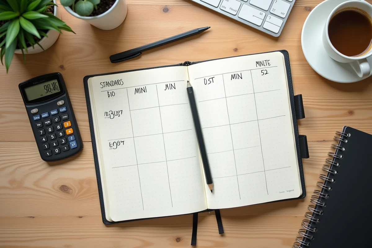 Vue aérienne d'un bureau avec agenda de gestion du temps de travail et calcul des minutes en centièmes