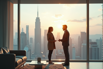 Agent immobilier discutant avec un couple dans un appartement lumineux
