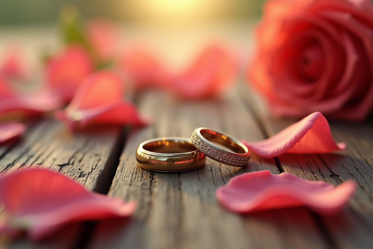 Alliances sur bois entourées de pétales de roses pour l article