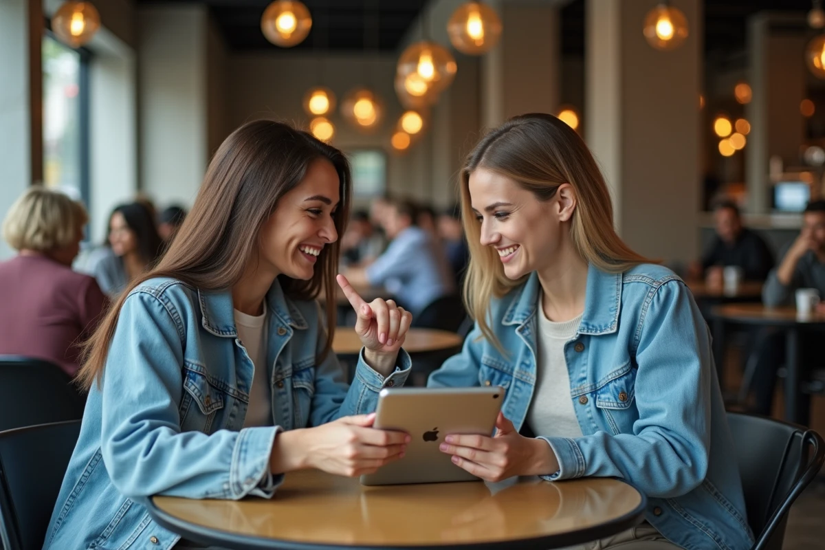 Deux amies jouant ensemble à Cémantix sur une tablette dans un café moderne, partage d'un entraînement cérébral ludique au quotidien