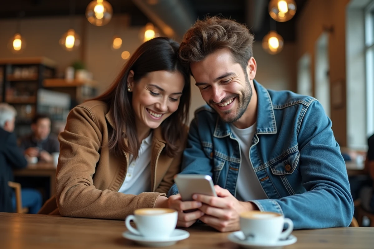 Deux amis partageant un smartphone pour lire des mangas en ligne ensemble dans un café urbain