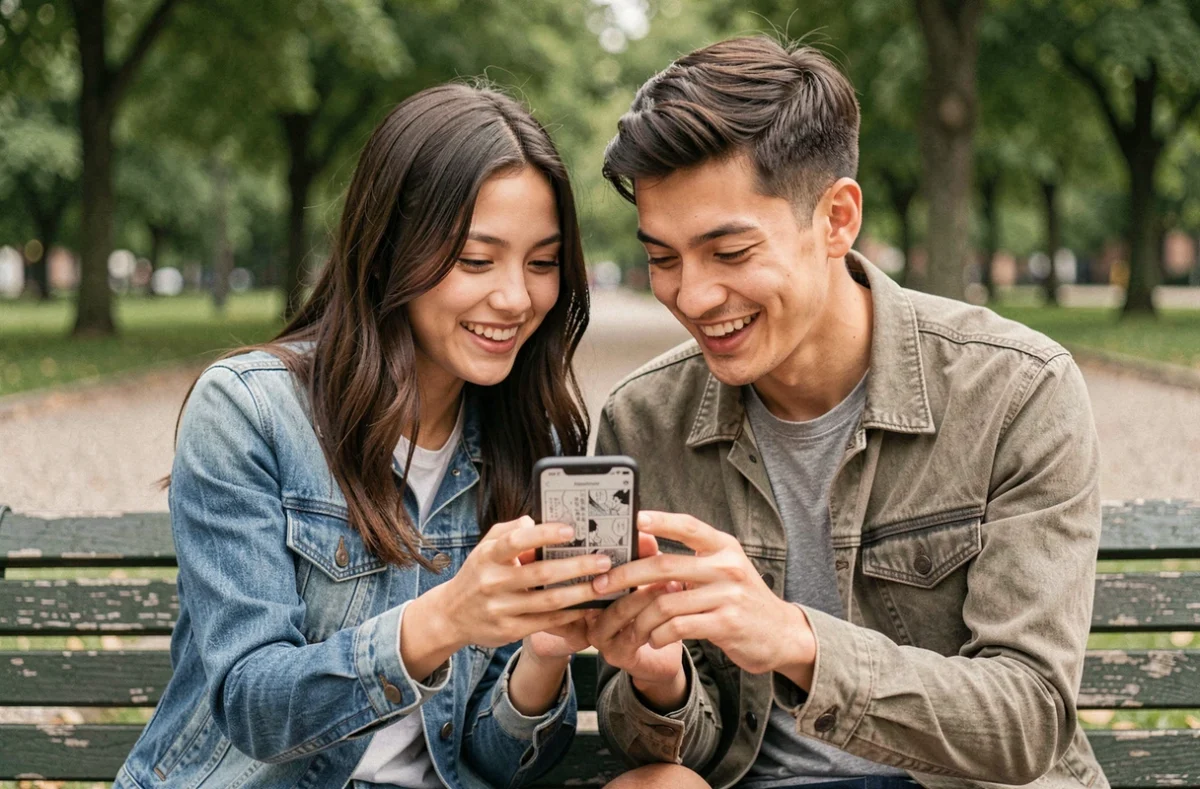 Deux amis souriant en lisant ensemble un manga en version française sur un smartphone dans un parc urbain