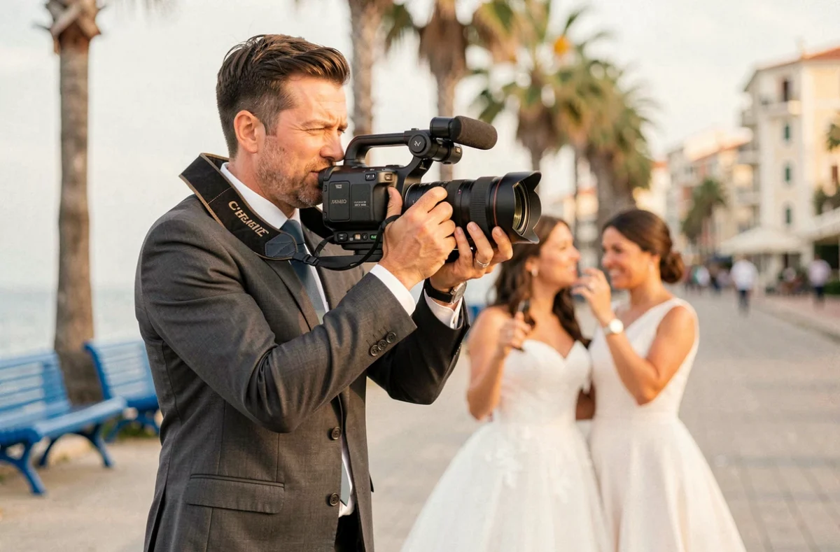 Vidéaste mariage filmant un couple sur la Promenade des Anglais à Nice avec une caméra professionnelle sur shoulder rig