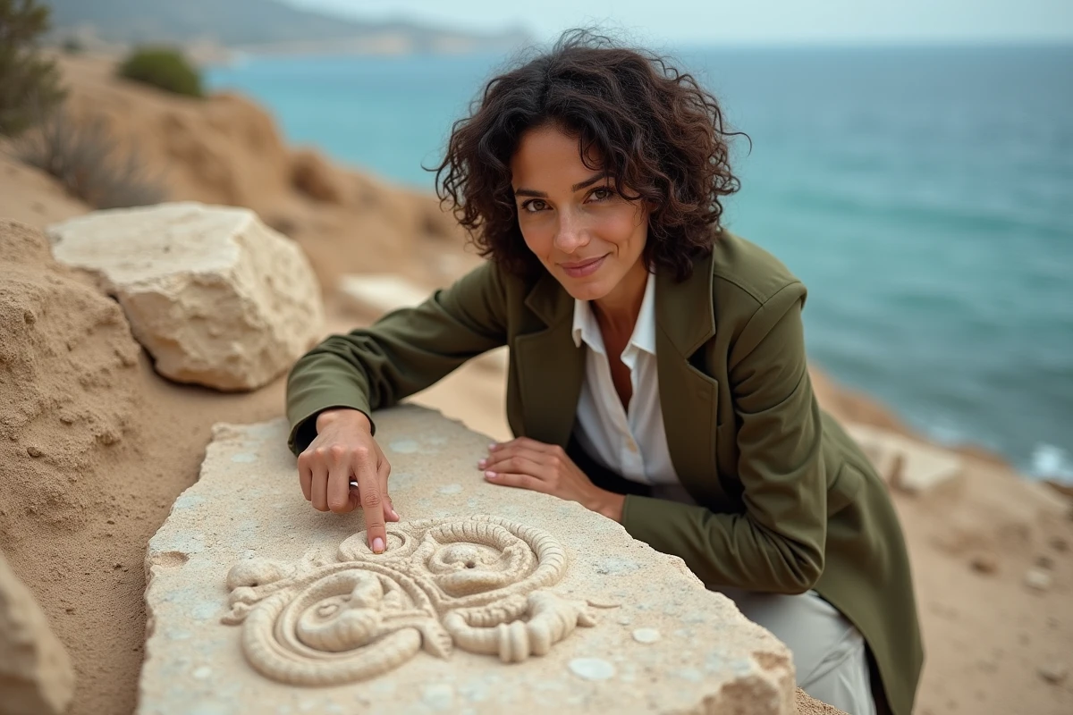 Archéologue féminine examinant un relief sculpté représentant une Gorgone sur un site côtier méditerranéen, référence à la ruse mythologique d'Athéna