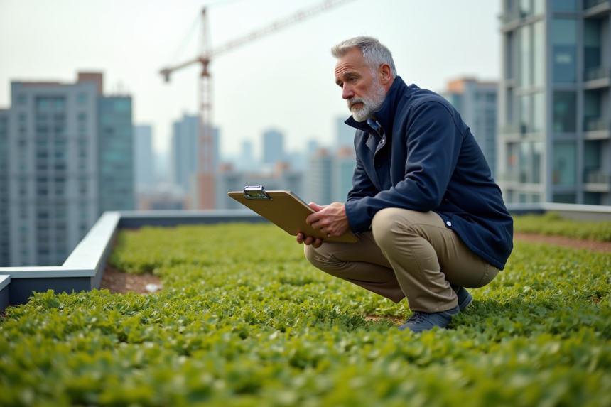Architecte inspectant un toit végétal urbain en sedum