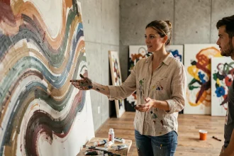 Une femme artiste explique la définition de l'art abstrait à un débutant devant une grande toile colorée dans un atelier de peinture