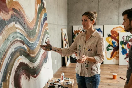 Une femme artiste explique la définition de l'art abstrait à un débutant devant une grande toile colorée dans un atelier de peinture