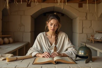 Jeune femme vêtue d'une robe en lin ivoire consultant un manuscrit ancien dans une bibliothèque en pierre, évoquant la sagesse stratégique d'Athéna