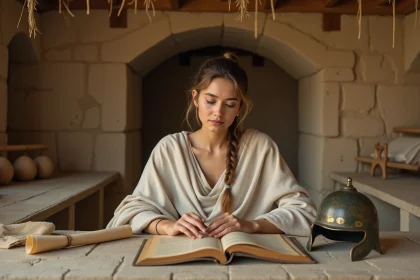 Jeune femme vêtue d'une robe en lin ivoire consultant un manuscrit ancien dans une bibliothèque en pierre, évoquant la sagesse stratégique d'Athéna