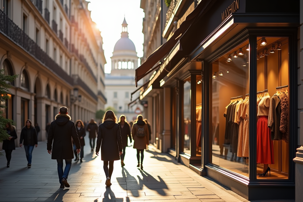 Avenue de mode à Paris avec boutiques élégantes et passants
