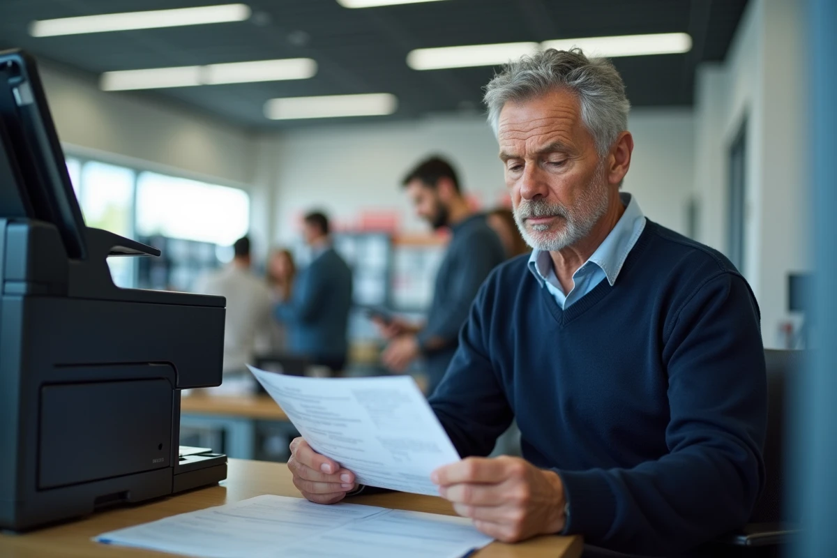 Homme consultant son CV imprimé à une borne d'impression en libre-service à La Poste