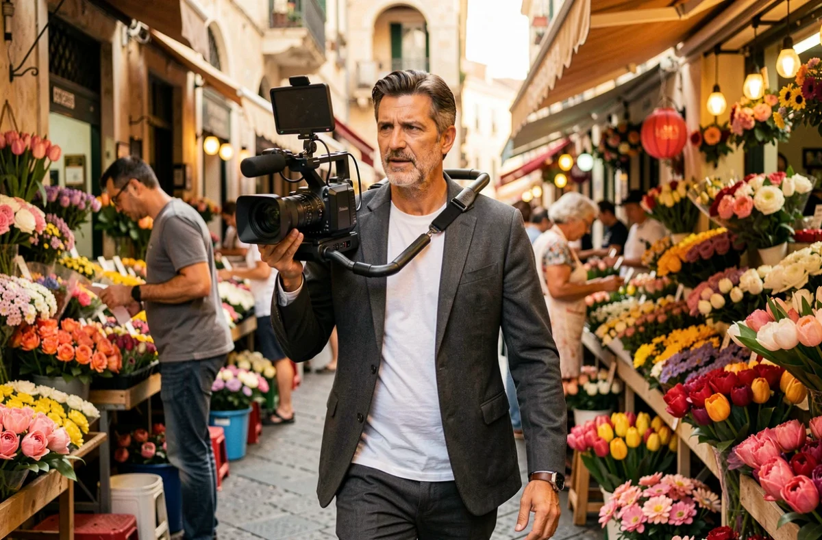 Vidéaste professionnel opérant une caméra sur shoulder rig au marché des fleurs du Cours Saleya à Nice