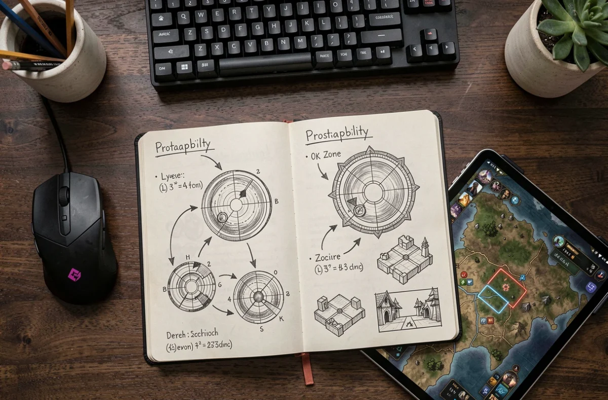 Vue aérienne d'un bureau de joueur avec des notes manuscrites sur les portails Dofus et une carte de jeu sur tablette