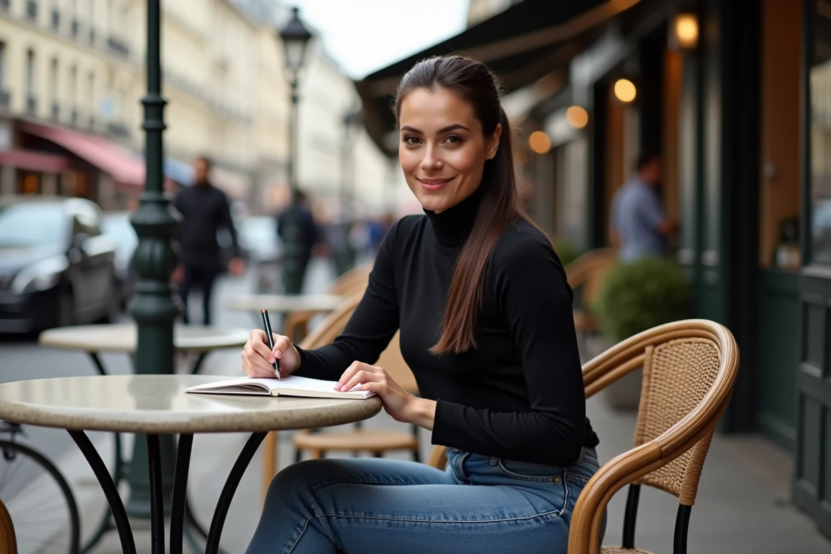 Femme comedienne assise dans un cafe parisien en pleine ecriture