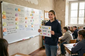 Jeune lycéenne présentant sa candidature au poste de délégué de classe devant un tableau blanc avec des affiches de campagne colorées