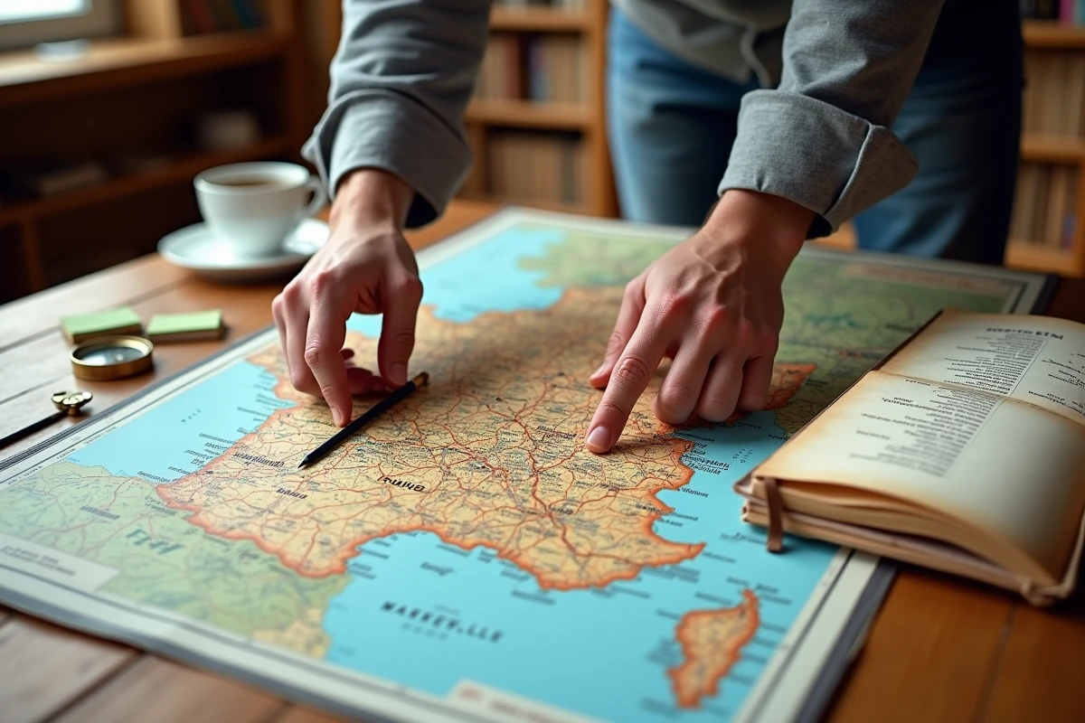 Carte routière de France dépliée sur une table en bois avec boussole et notes manuscrites sur les grandes villes