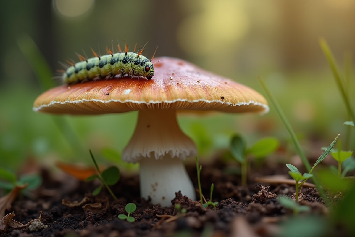 Champignon brun et blanc avec chenille sur son chapeau