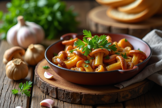 Plat rustique de champignons girolles sautés avec persil