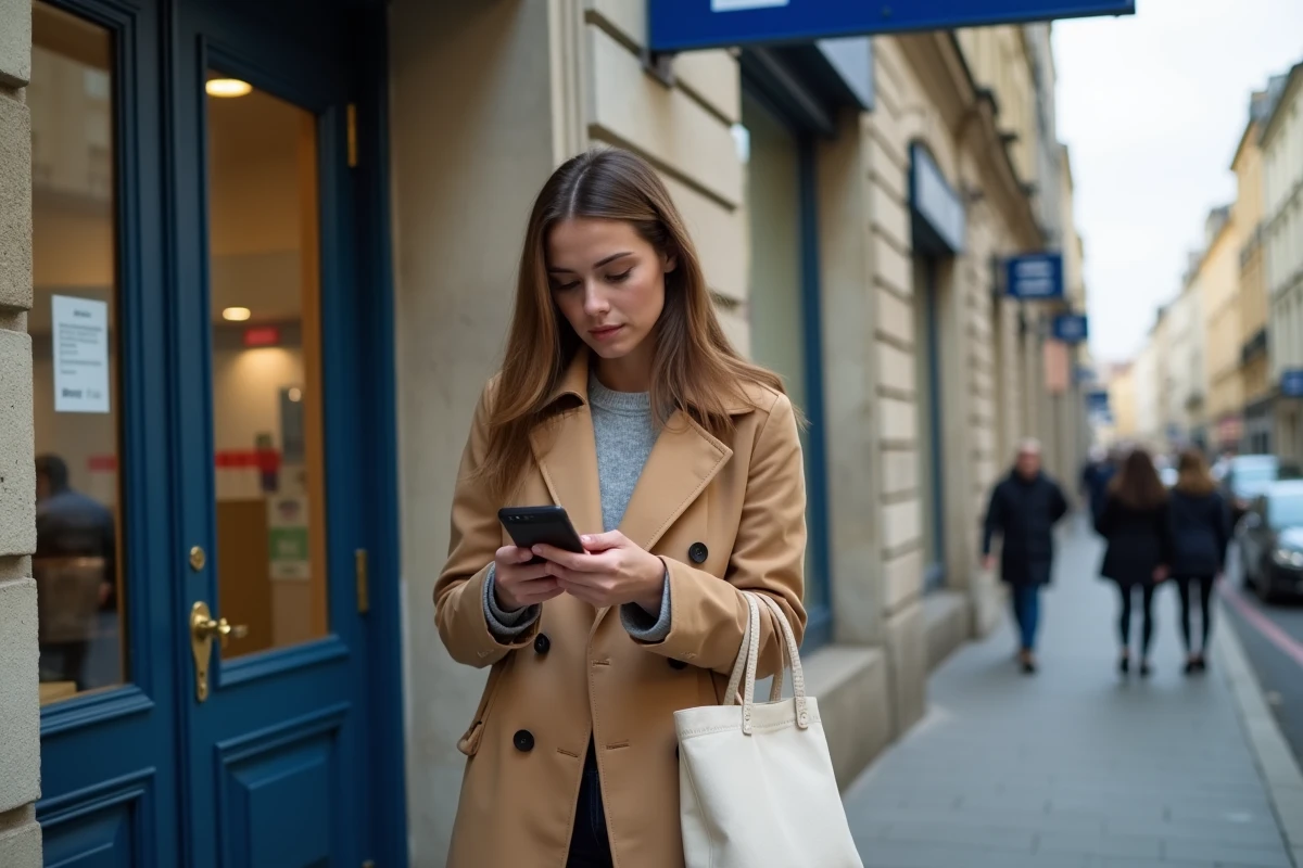Jeune femme vérifiant sa check-list sur smartphone avant d'entrer dans un bureau de La Poste