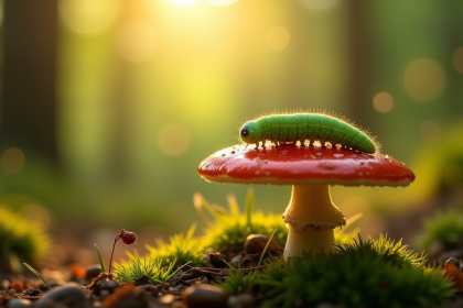 Chenille verte sur champignon rouge en forêt ensoleillée