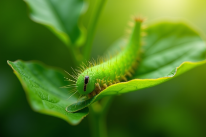 Chenille verte sur une feuille lumineuse en plein jour