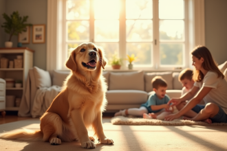 Petit golden retriever dans un salon ensoleille avec famille