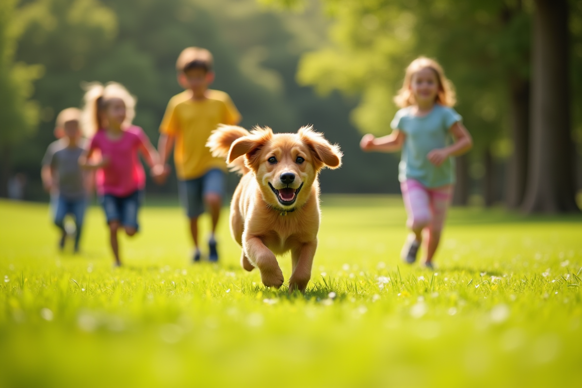 Golden retriever courant dans un parc ensoleille avec enfants