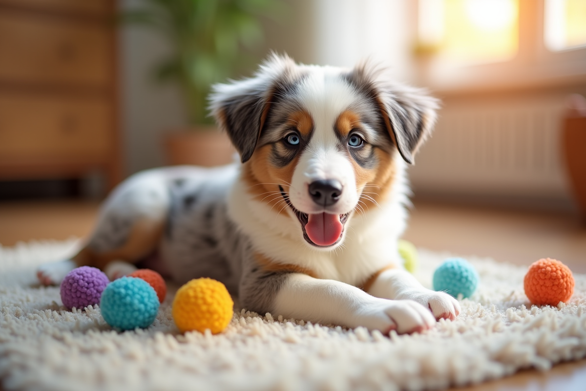 Chiot Australian Shepherd intérieur avec jouets colorés