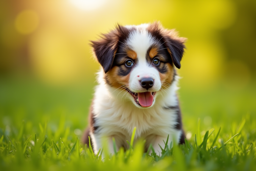 Chiot Australian Shepherd dans un champ ensoleille