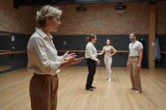 Chorégraphe dirigeant une répétition de danse dans une salle de travail lors de la préparation du festival Pharenheit