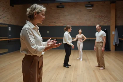 Chorégraphe dirigeant une répétition de danse dans une salle de travail lors de la préparation du festival Pharenheit