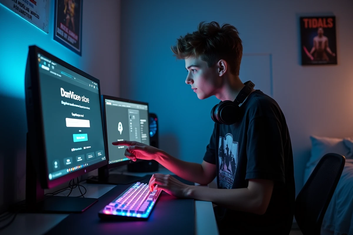 Adolescent découvrant un code promo Code Ninja Time actif sur un site de jeux vidéo depuis sa configuration PC gamer