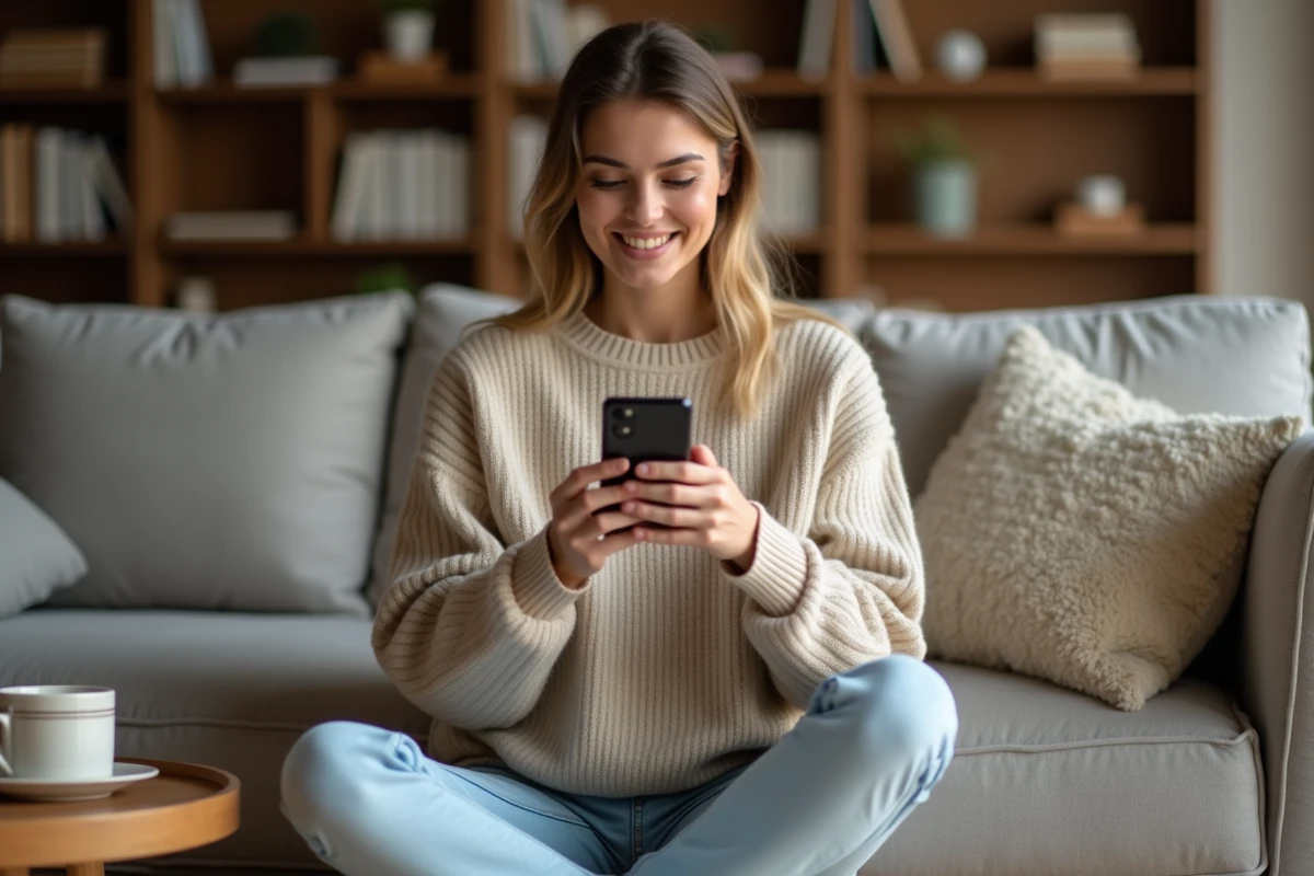 Jeune femme souriante utilisant un code de réduction Code Ninja Time sur son smartphone depuis son salon confortable