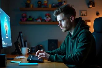 Jeune homme concentré saisissant un code promo Code Ninja Time sur son ordinateur portable dans un bureau gaming à domicile