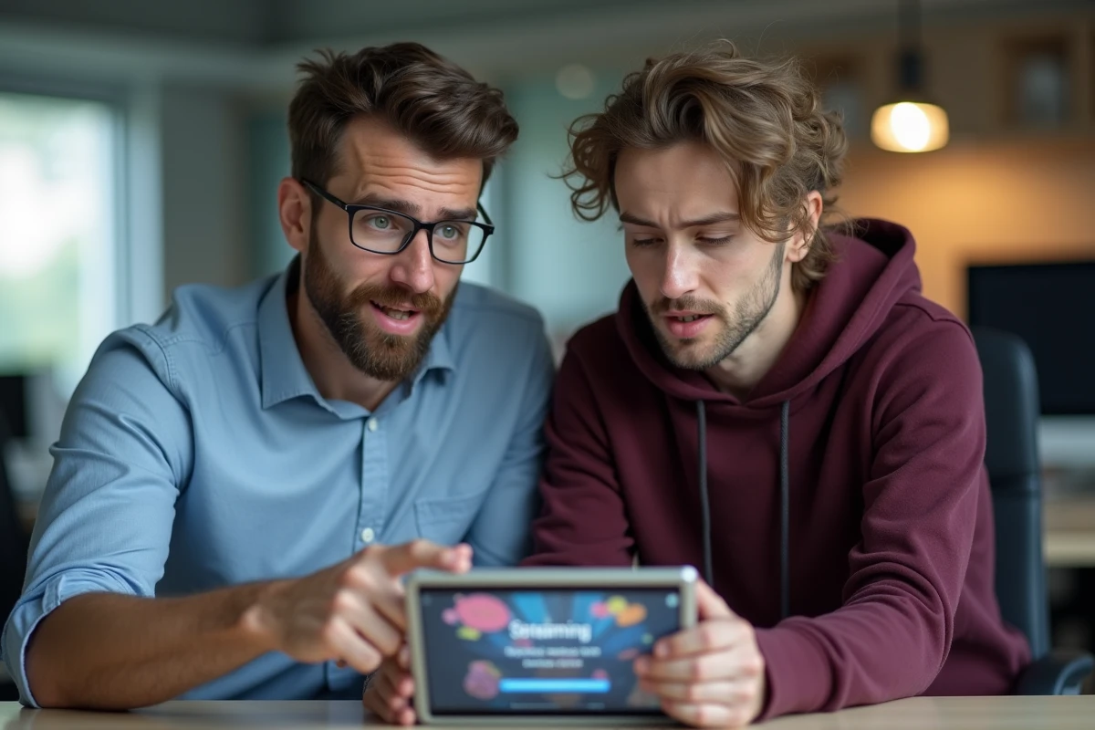 Deux collègues consultant une interface de streaming anime nécessitant une inscription sur une tablette