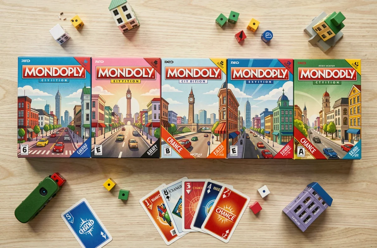 Vue du dessus de plusieurs boîtes de Monopoly ville côte à côte pour comparer les versions disponibles