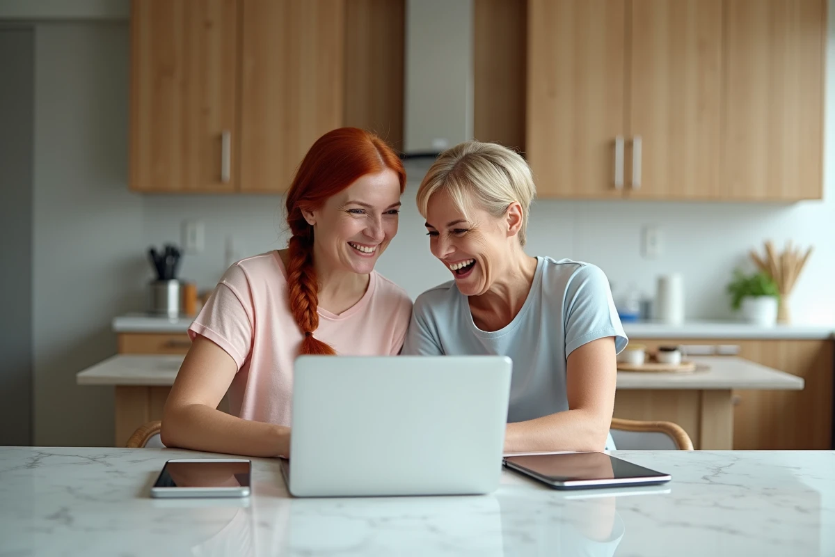 Deux femmes comparant l'utilisation du tchat Chérie FM sur un ordinateur portable et une tablette dans une cuisine moderne