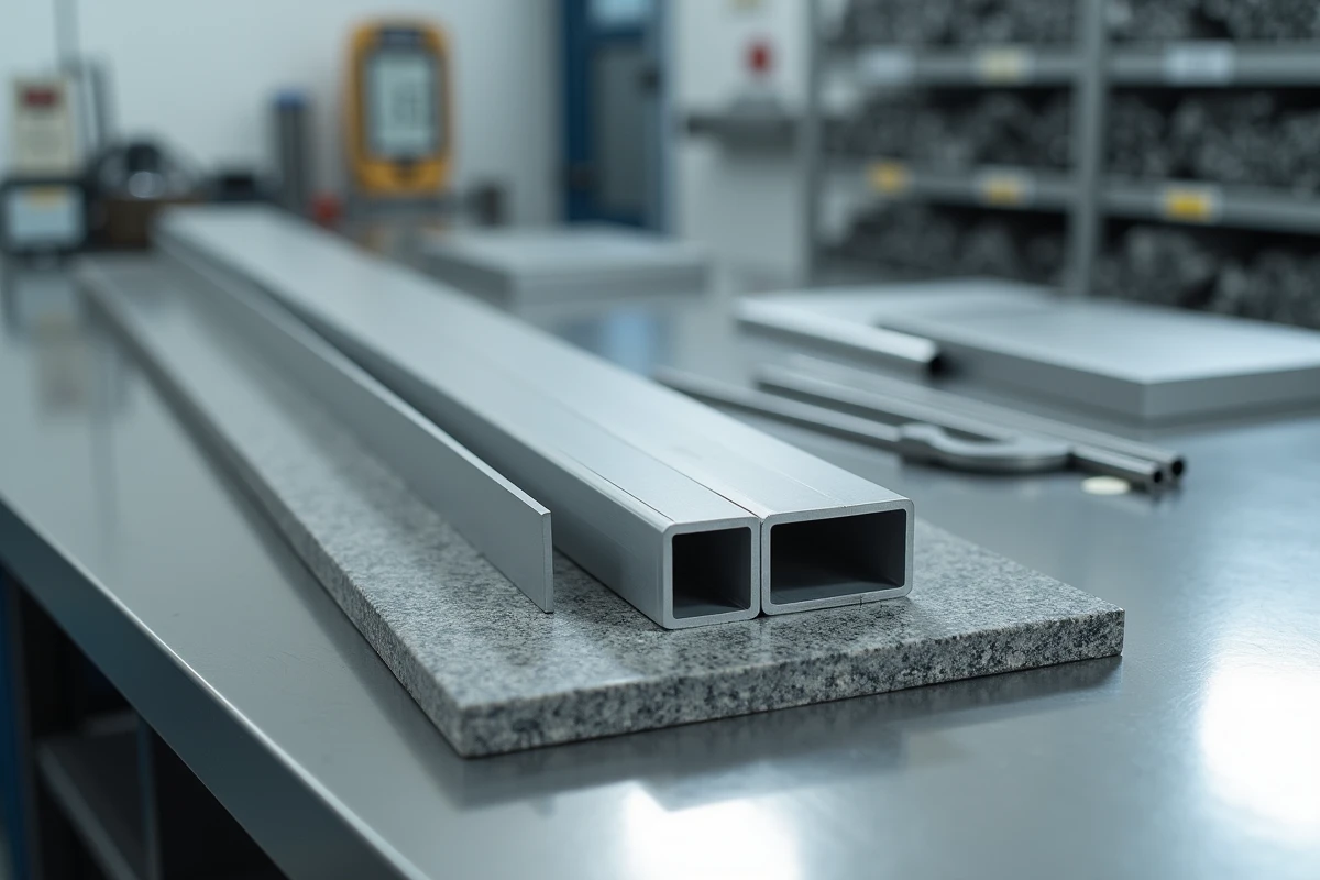 Comparaison entre un tube carré en aluminium déformé et un tube droit sur une surface de contrôle qualité