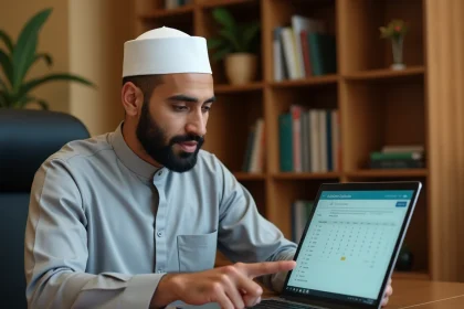 Homme consultant les horaires de prière de la mosquée Ris-Orangis sur un ordinateur portable
