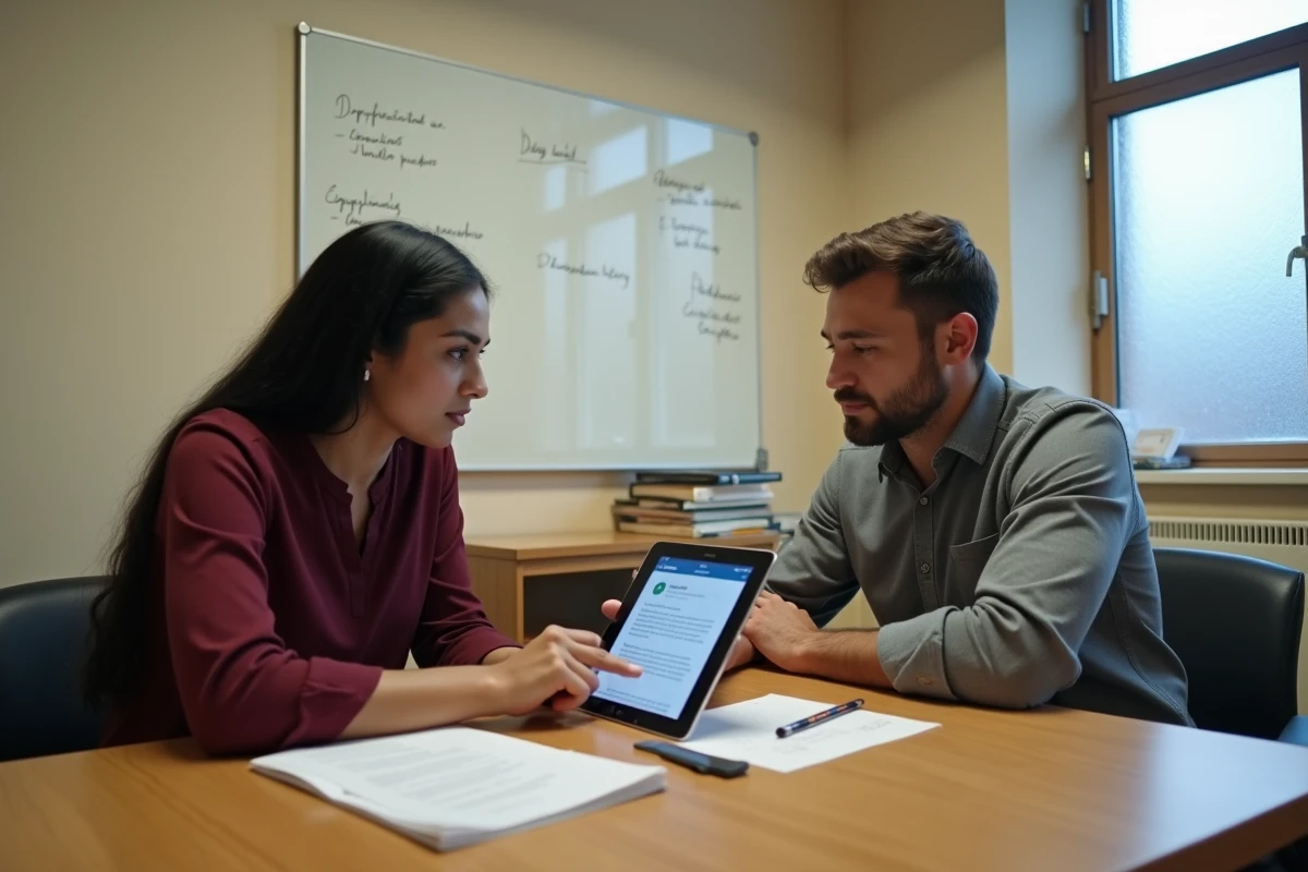 Deux personnes consultant une plateforme en ligne contre les discriminations dans un bureau d'aide juridique