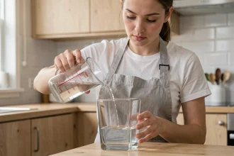 Femme versant de l'eau dans un récipient cubique gradué pour comprendre la conversion cm cube en litre